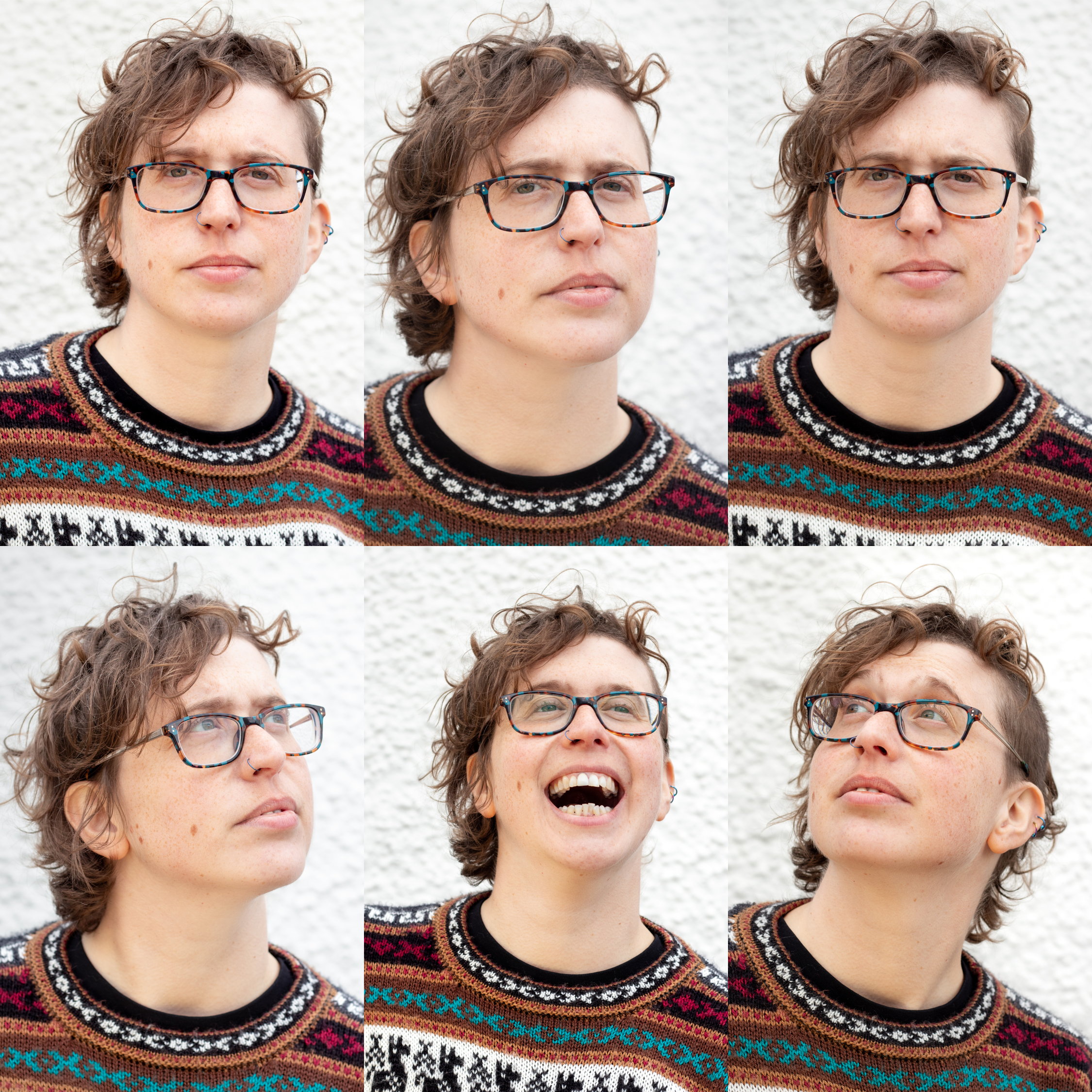 A collage of photos of Rebs in an Alpaca jumper. 